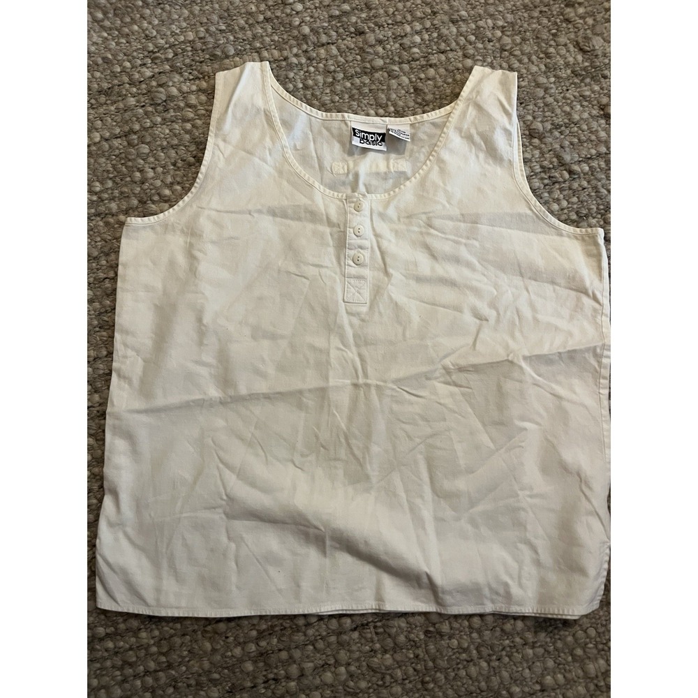 Simply Basic Women's L White Cotton Sleeveless Button Neck Wide Strap Tank Top